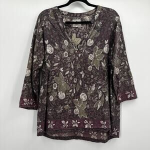 Bsbee Top Womens Medium Floral Print 3/4‎ Sleeve Handmade Khadi Cotton Boho